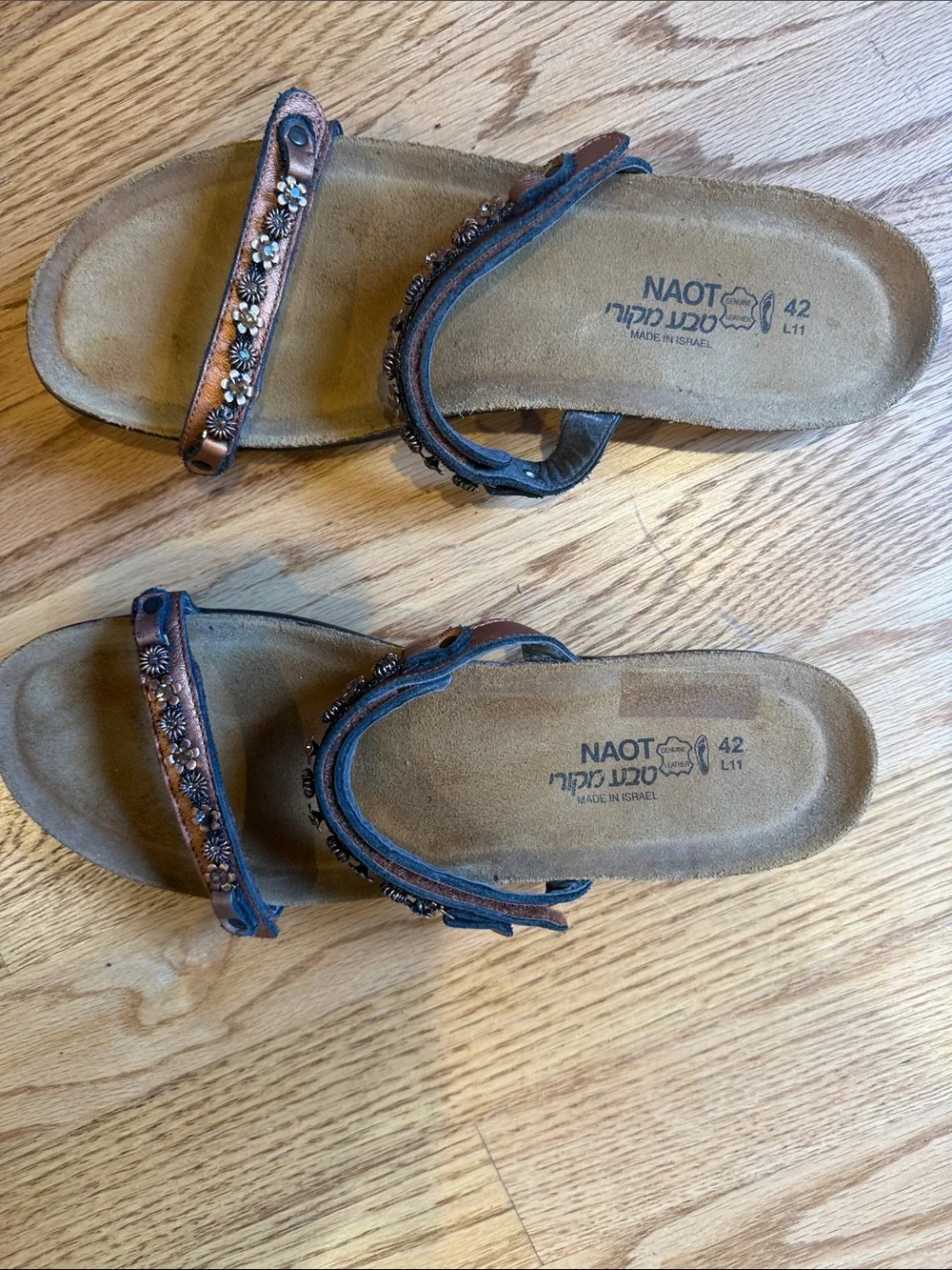 Naot Copper Brown Floral-Stud Double-Strap Slide Sandals
